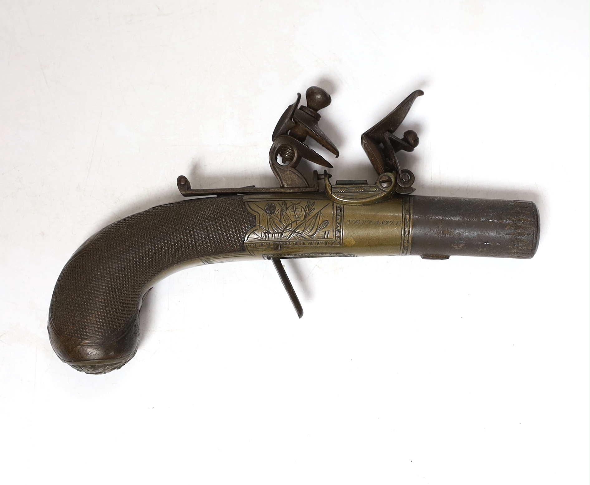 An early 19th century Flintlock pocket pistol by Gardner, with engraved lock, chequered walnut stock and turn off barrel